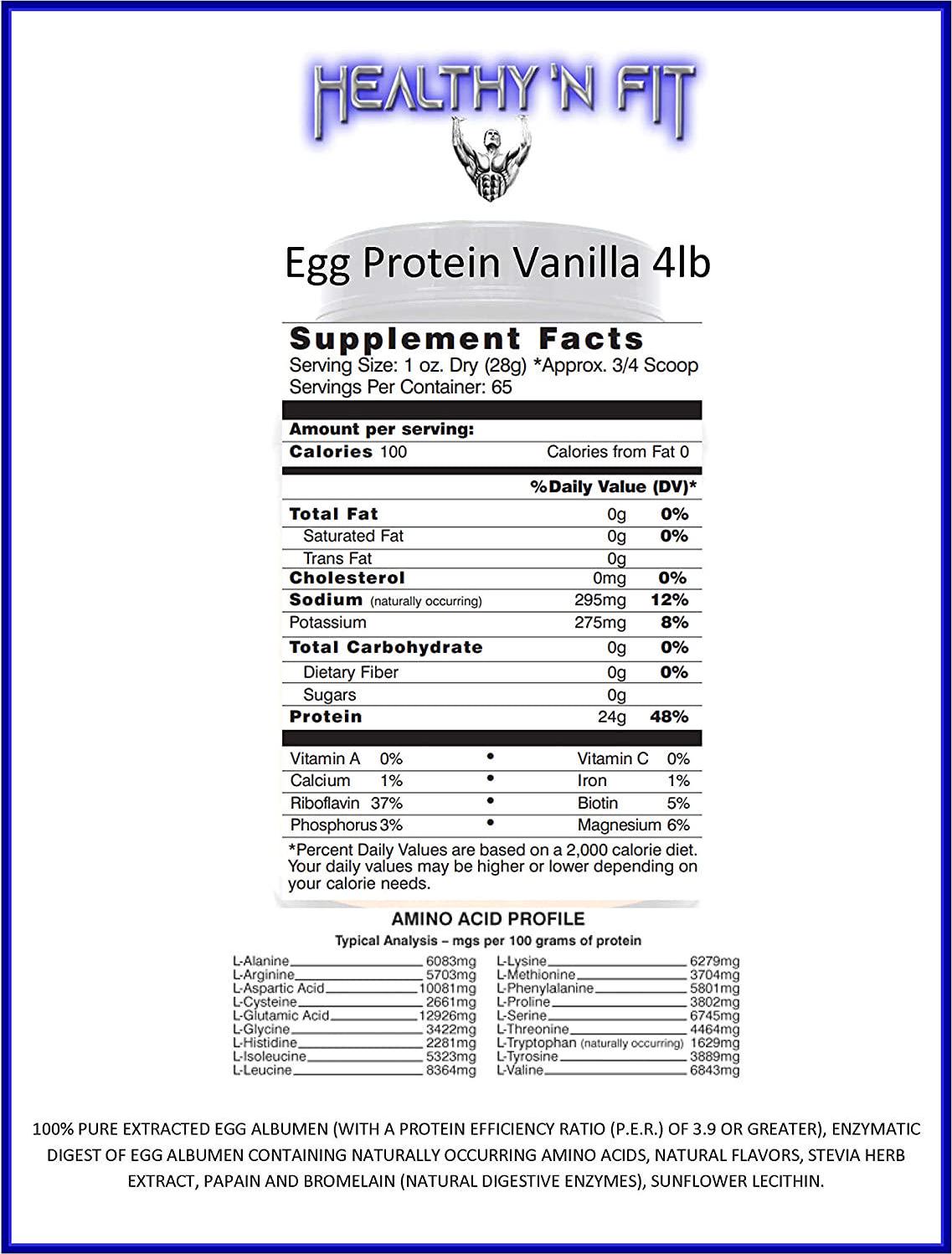 Healthy N Fit 100% Egg Protein- Vanilla (4lb): 100% Egg White Protein Plus Natural Peptides.-Naturally Sweetened, Pure, Keto, Paleo Friendly