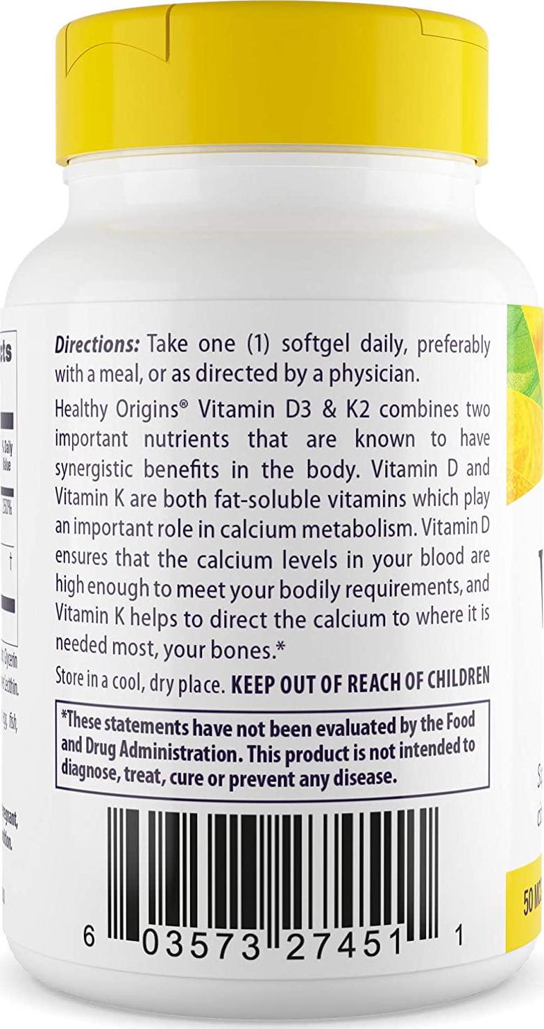 Healthy Origins Vitamin D3 and K2 (Non-GMO, 3rd Party Tested) D3 50 Mcg (2,000 IU) / K2 200 Mcg, 60 Softgels