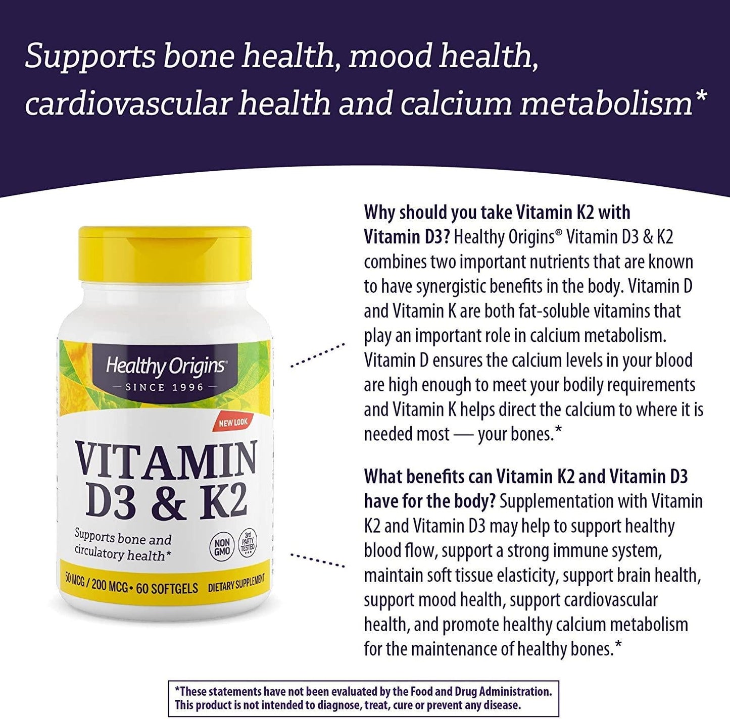 Healthy Origins Vitamin D3 and K2 (Non-GMO, 3rd Party Tested) D3 50 Mcg (2,000 IU) / K2 200 Mcg, 60 Softgels