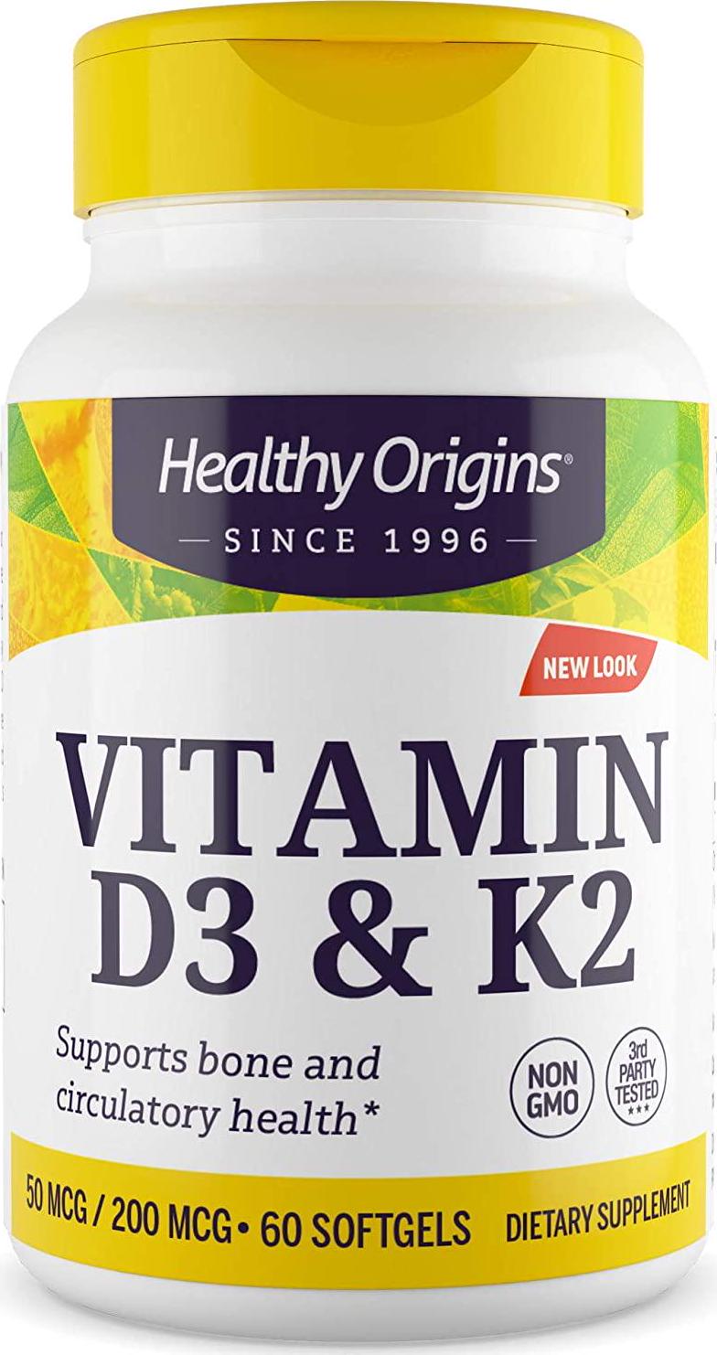 Healthy Origins Vitamin D3 and K2 (Non-GMO, 3rd Party Tested) D3 50 Mcg (2,000 IU) / K2 200 Mcg, 60 Softgels
