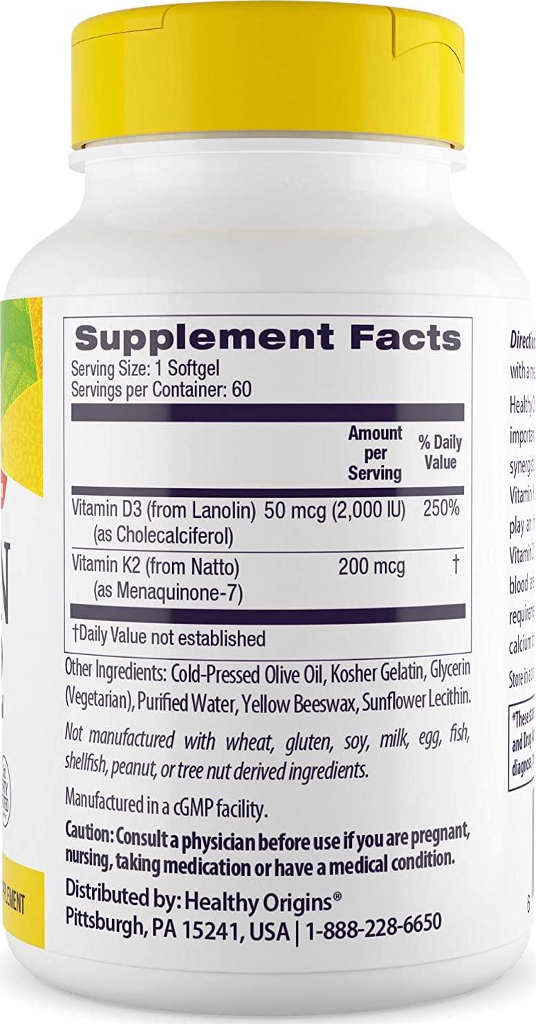 Healthy Origins Vitamin D3 and K2 (Non-GMO, 3rd Party Tested) D3 50 Mcg (2,000 IU) / K2 200 Mcg, 60 Softgels