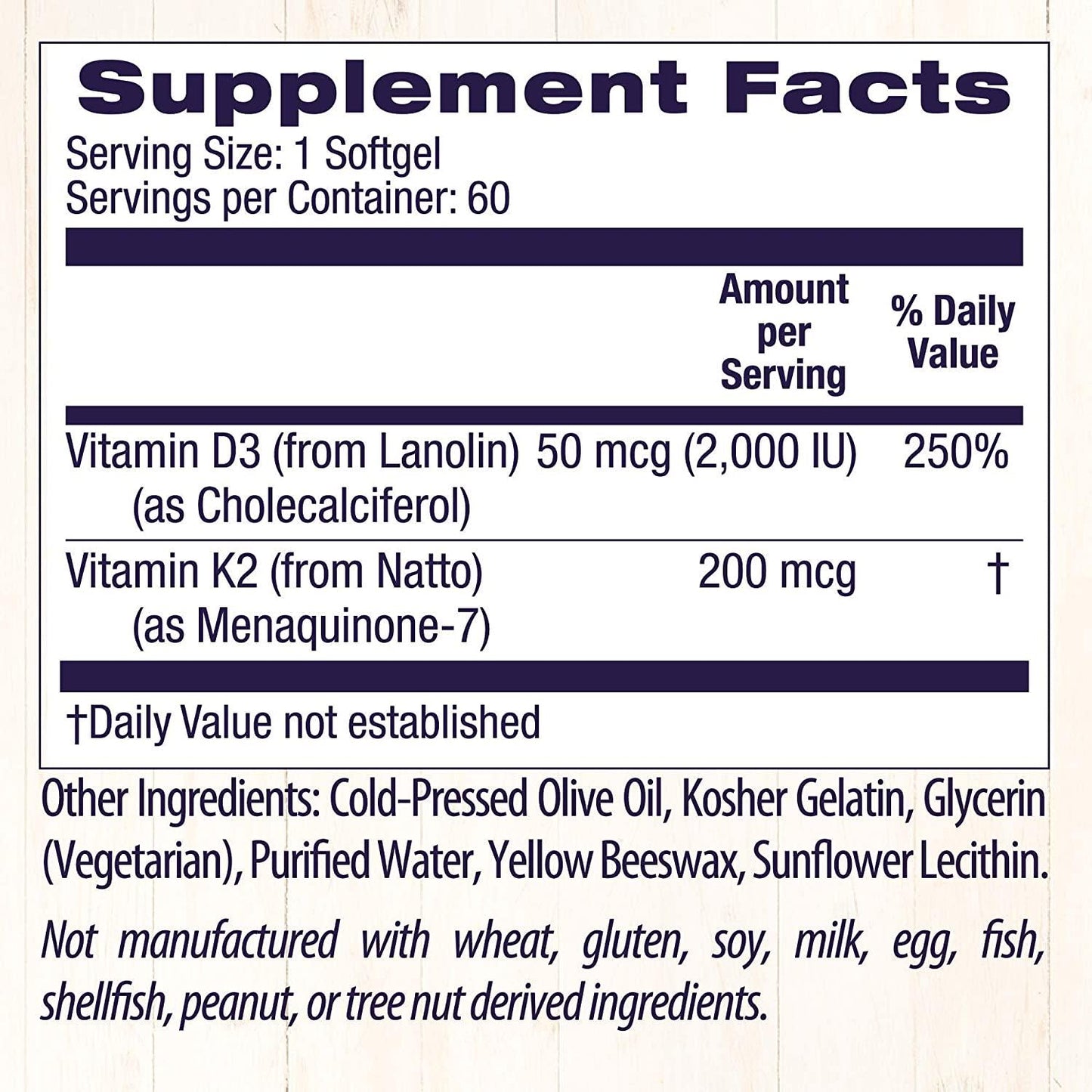 Healthy Origins Vitamin D3 and K2 (Non-GMO, 3rd Party Tested) D3 50 Mcg (2,000 IU) / K2 200 Mcg, 60 Softgels