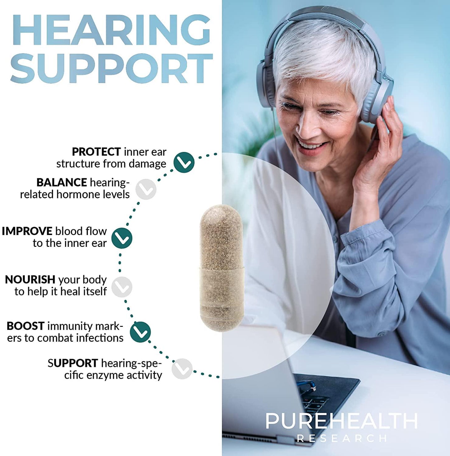 Hearing Support by PureHealth Research Ð Supports Healthy Middle and Inner Ear Structures, Including Cilia, Nerves, Hormone Levels and Blood Supply, 6 Bottles