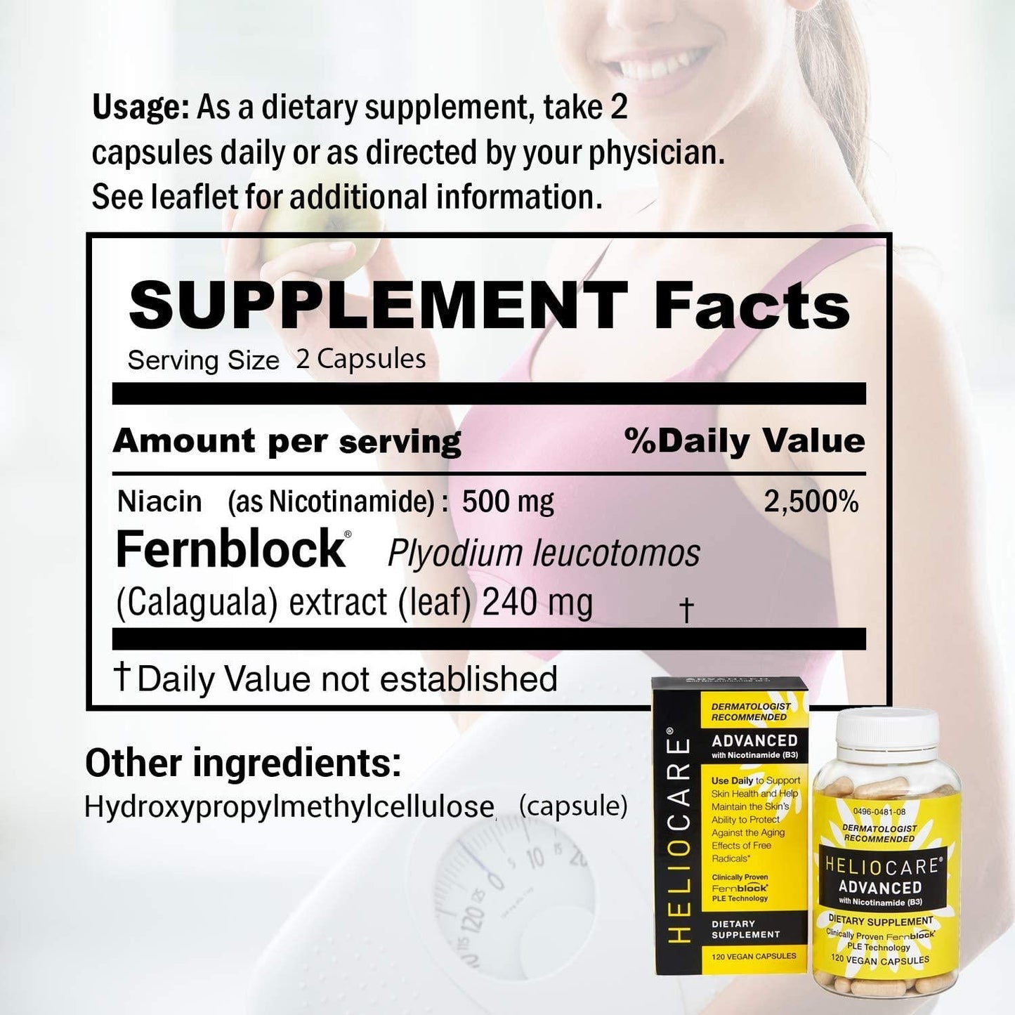 Heliocare Advanced Nicotinamide B3 Supplement: Niacinamide 250mg and Fernblock PLE Extract 120mg Per Capsule - Helps Support Skin Cell Health W/Antioxidant Rich Vitamin B3 Niacin - 120 Vegan Capsules