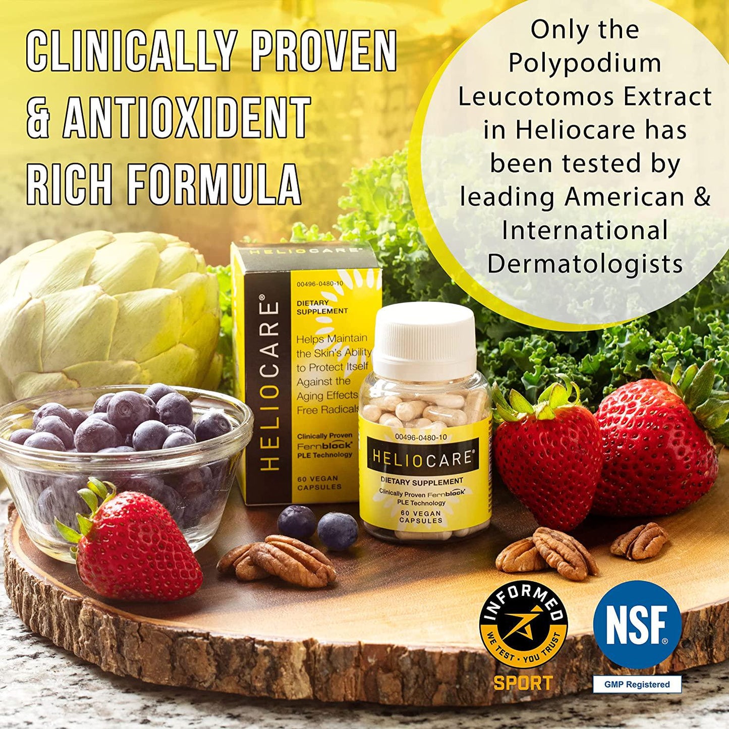Heliocare Skin Care Dietary Supplement: 240mg Polypodium Leucotomos Extract Pills - All Natural, Antioxidant Rich Formula Derived from Nature with Fernblock and PLE Technology - 60 Veggie Capsules