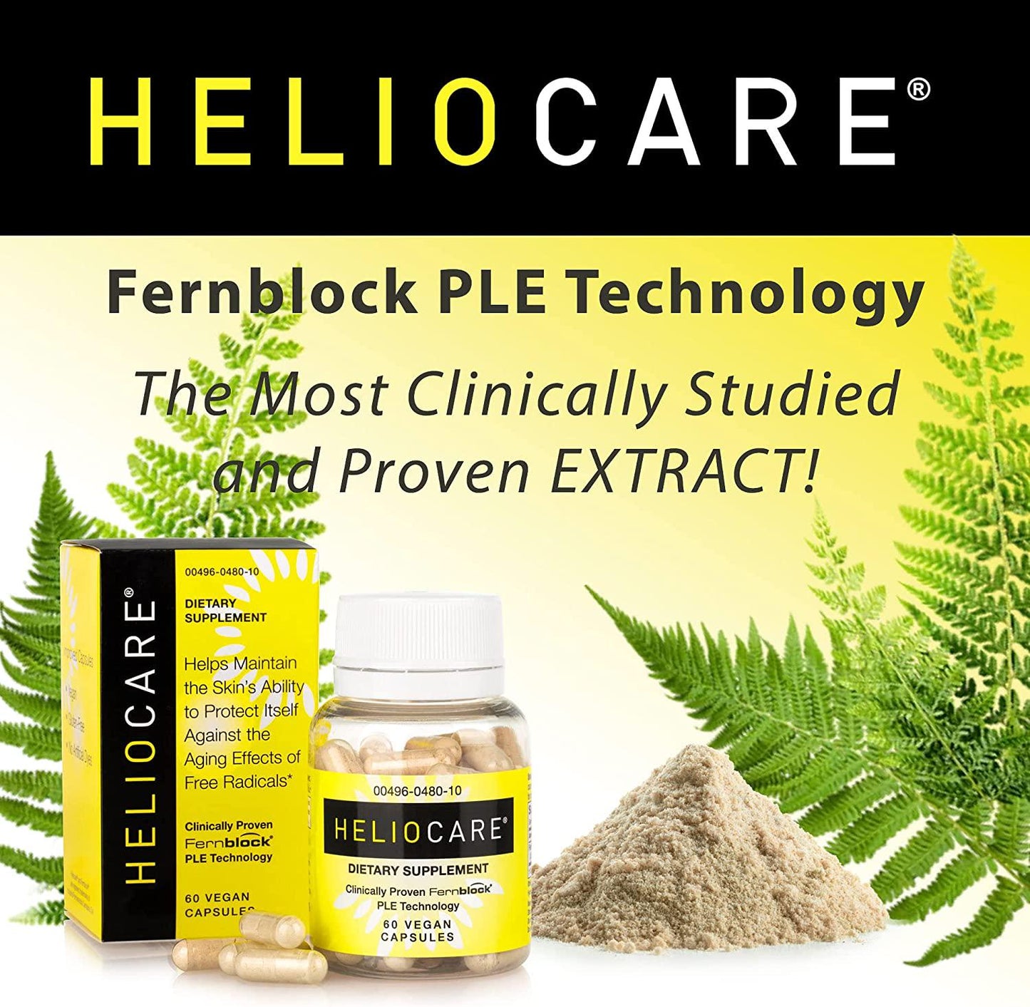 Heliocare Skin Care Dietary Supplement: 240mg Polypodium Leucotomos Extract Pills - All Natural, Antioxidant Rich Formula Derived from Nature with Fernblock and PLE Technology - 60 Veggie Capsules
