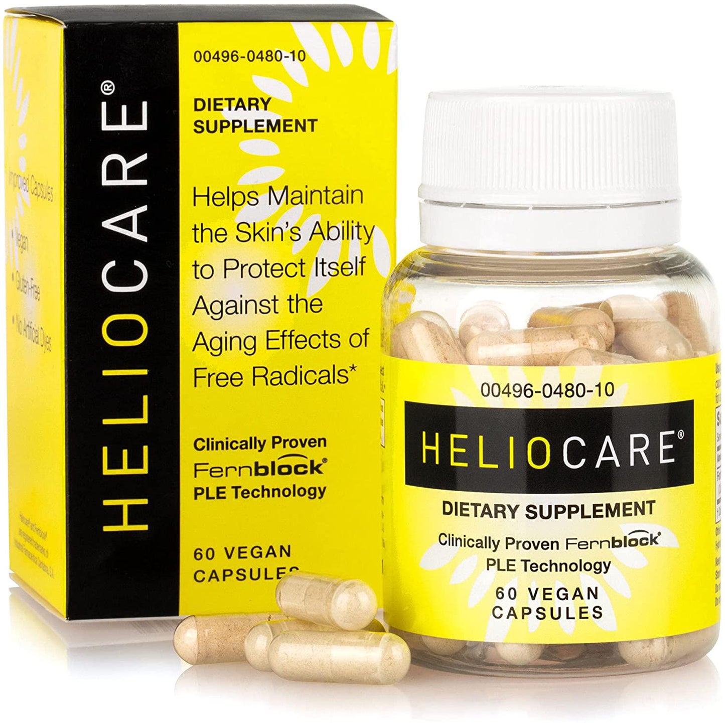 Heliocare Skin Care Dietary Supplement: 240mg Polypodium Leucotomos Extract Pills - All Natural, Antioxidant Rich Formula Derived from Nature with Fernblock and PLE Technology - 60 Veggie Capsules