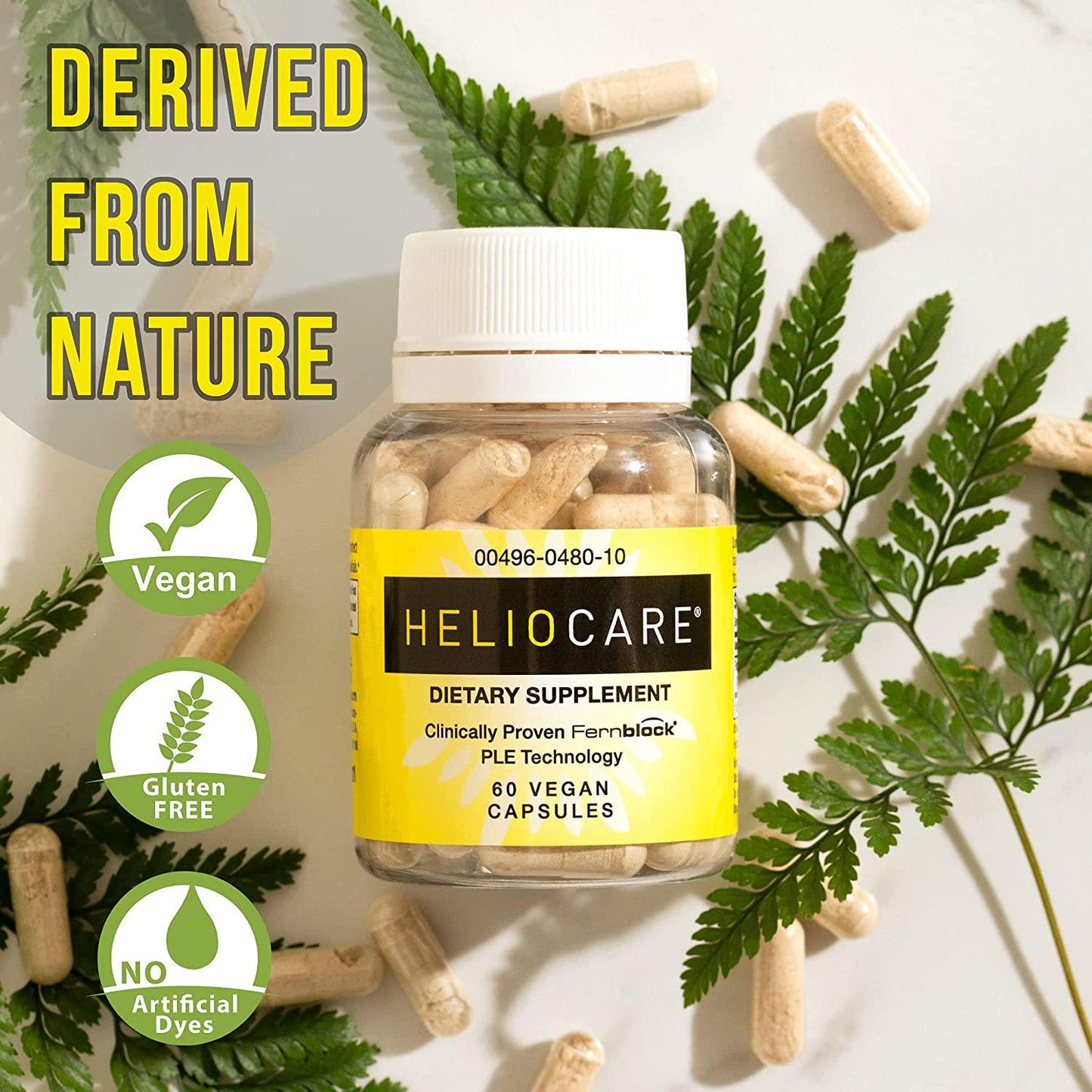Heliocare Skin Care Dietary Supplement: 240mg Polypodium Leucotomos Extract Pills - All Natural, Antioxidant Rich Formula Derived from Nature with Fernblock and PLE Technology - 60 Veggie Capsules