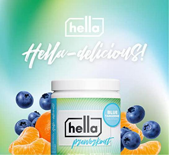 Hella Pre Workout Powder for Men and Women for Energy, Focus, and Endurance with Beta Alanine, Sugar Free 200mg Caffeine from Green Tea, Green Coffee Bean, Citrulline, Blue Tangerine Flavor, 30 Servings