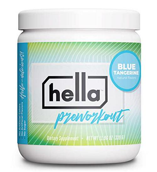 Hella Pre Workout Powder for Men and Women for Energy, Focus, and Endurance with Beta Alanine, Sugar Free 200mg Caffeine from Green Tea, Green Coffee Bean, Citrulline, Blue Tangerine Flavor, 30 Servings