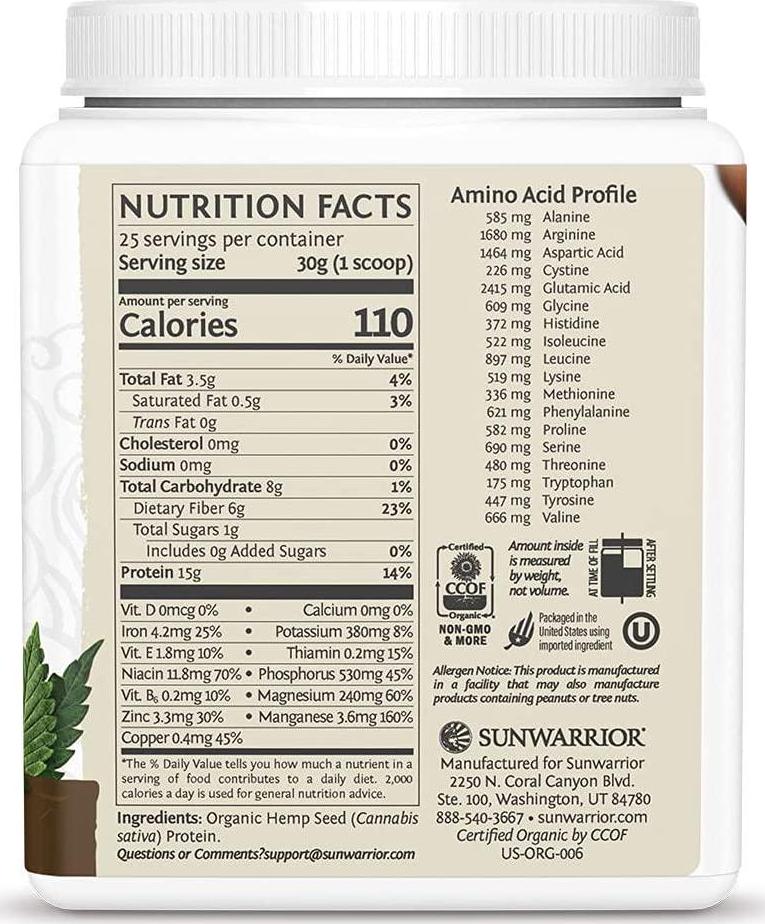 Hemp Protein Powder | Plant Based Protein Powder Organic Unsweetened Gluten Free Vegan Protein with BCAA's plus Fiber Healthy Fats Antioxidants and Minerals Free of Soy GMOs and Sugar Free by Sunwarrior