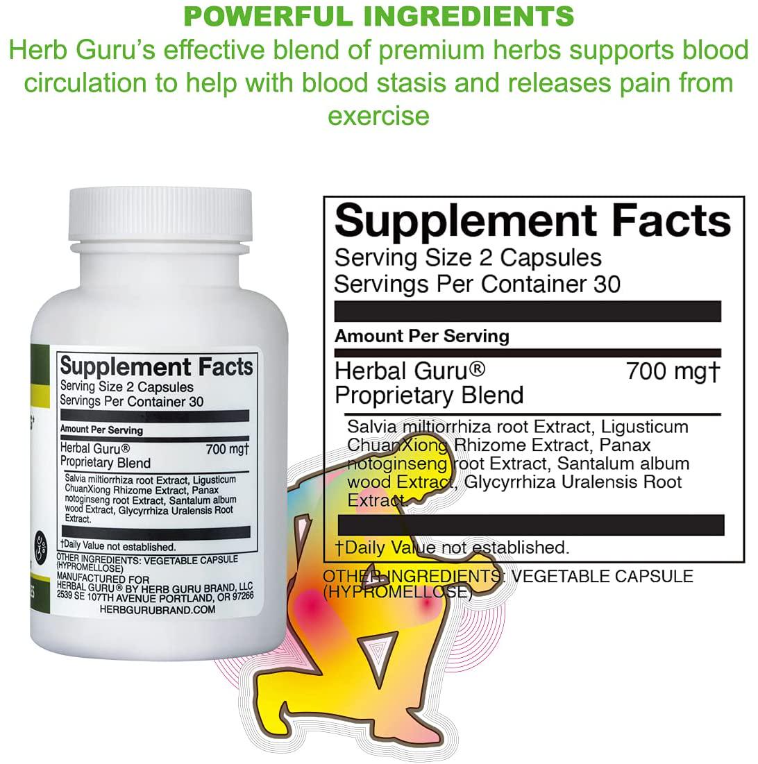 Herb Guru Inner Healing Herbal Supplement | Aids Blood Circulation and Helps Relieve Exercise Pain | Can Maintain Healthy Blood Pressure Levels and Muscles Soreness | All Natural | 60 Capsules