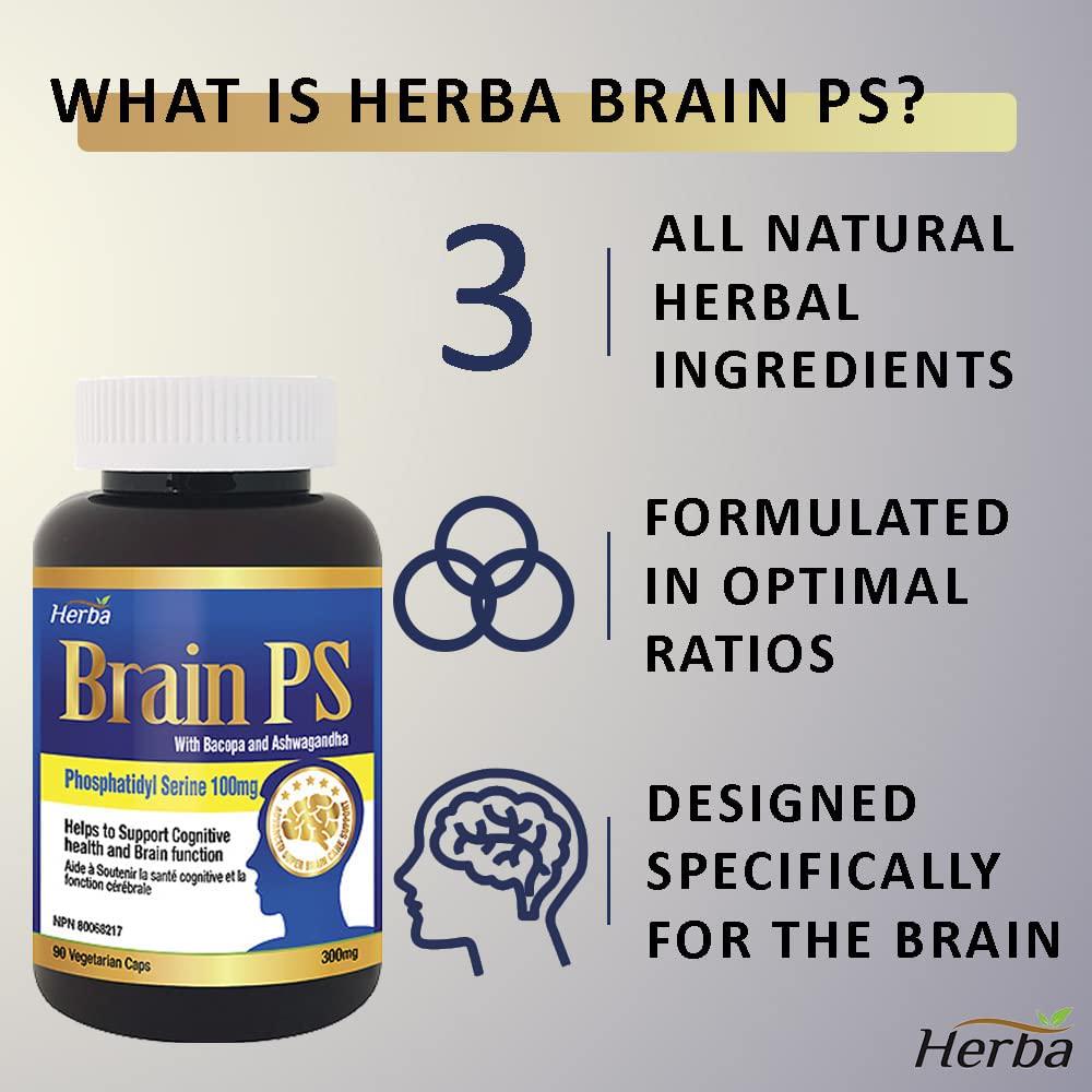 Herba Brain PS - Phosphatidyl Serine (PS)100mg with Bacopa and Ashwagandha, Extra Strength, Vegan, Non-GMO, 100% Natural, 90 Vegetable Capsules, obtained NPN# 80068217 from Health Canada…