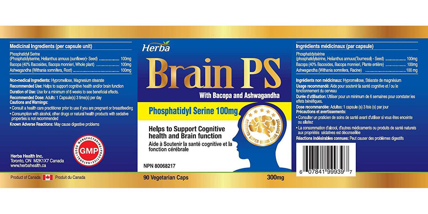 Herba Brain PS - Phosphatidyl Serine (PS)100mg with Bacopa and Ashwagandha, Extra Strength, Vegan, Non-GMO, 100% Natural, 90 Vegetable Capsules, obtained NPN# 80068217 from Health Canada…