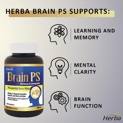 Herba Brain PS - Phosphatidyl Serine (PS)100mg with Bacopa and Ashwagandha, Extra Strength, Vegan, Non-GMO, 100% Natural, 90 Vegetable Capsules, obtained NPN# 80068217 from Health Canada…