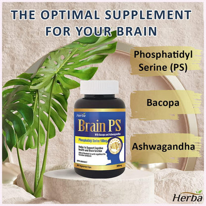 Herba Brain PS - Phosphatidyl Serine (PS)100mg with Bacopa and Ashwagandha, Extra Strength, Vegan, Non-GMO, 100% Natural, 90 Vegetable Capsules, obtained NPN# 80068217 from Health Canada…