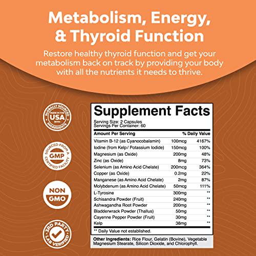 Herbal Adrenal and Thyroid Support Complex - Iodine Thyroid Supplement with L Tyrosine Bladderwrack Kelp Selenium and Ashwagandha - Mood Enhancer Energy Supplement for Thyroid Health - 120 Capsules