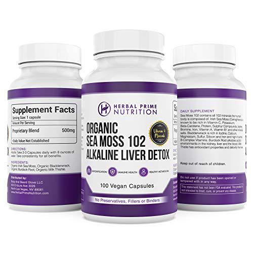 Herbal Prime Nutrition Organic Sea Moss 102 Alkaline Liver Detox - Irish Sea Moss, Milk Thistle, Bladderwrack and Burdock Root - Immunity, Digestion, Kidney and Liver - 1500mg, 100 Vegan Capsules
