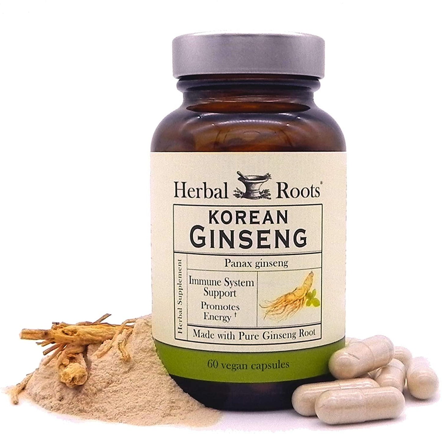 Herbal Roots - Panax Ginseng - Extra Strength 1000mg Supplement - Organic Korean Ginseng Root Powder - 60 Vegan Capsules - High Ginsenosides for Energy, Focus and Performance for Men and Women