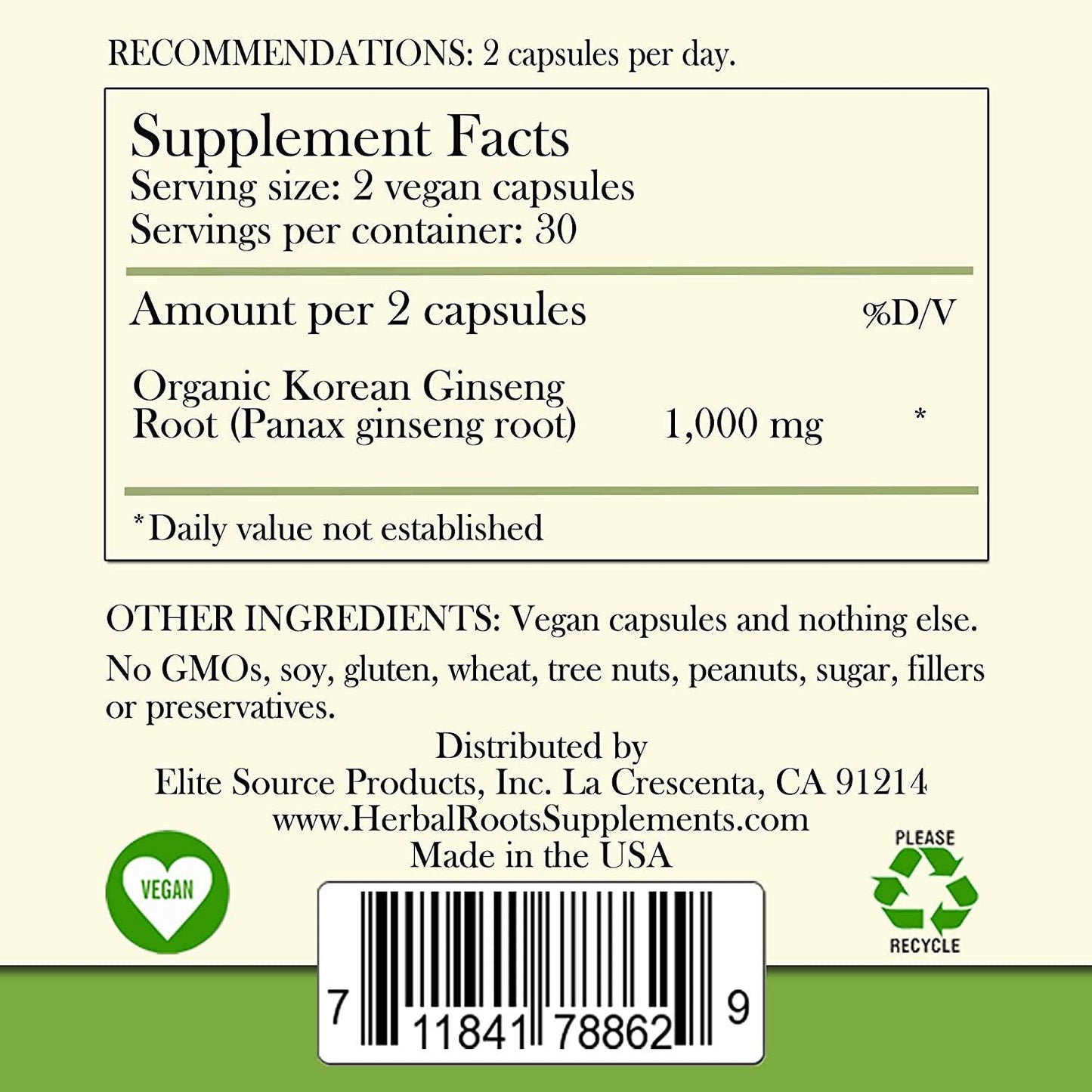 Herbal Roots - Panax Ginseng - Extra Strength 1000mg Supplement - Organic Korean Ginseng Root Powder - 60 Vegan Capsules - High Ginsenosides for Energy, Focus and Performance for Men and Women