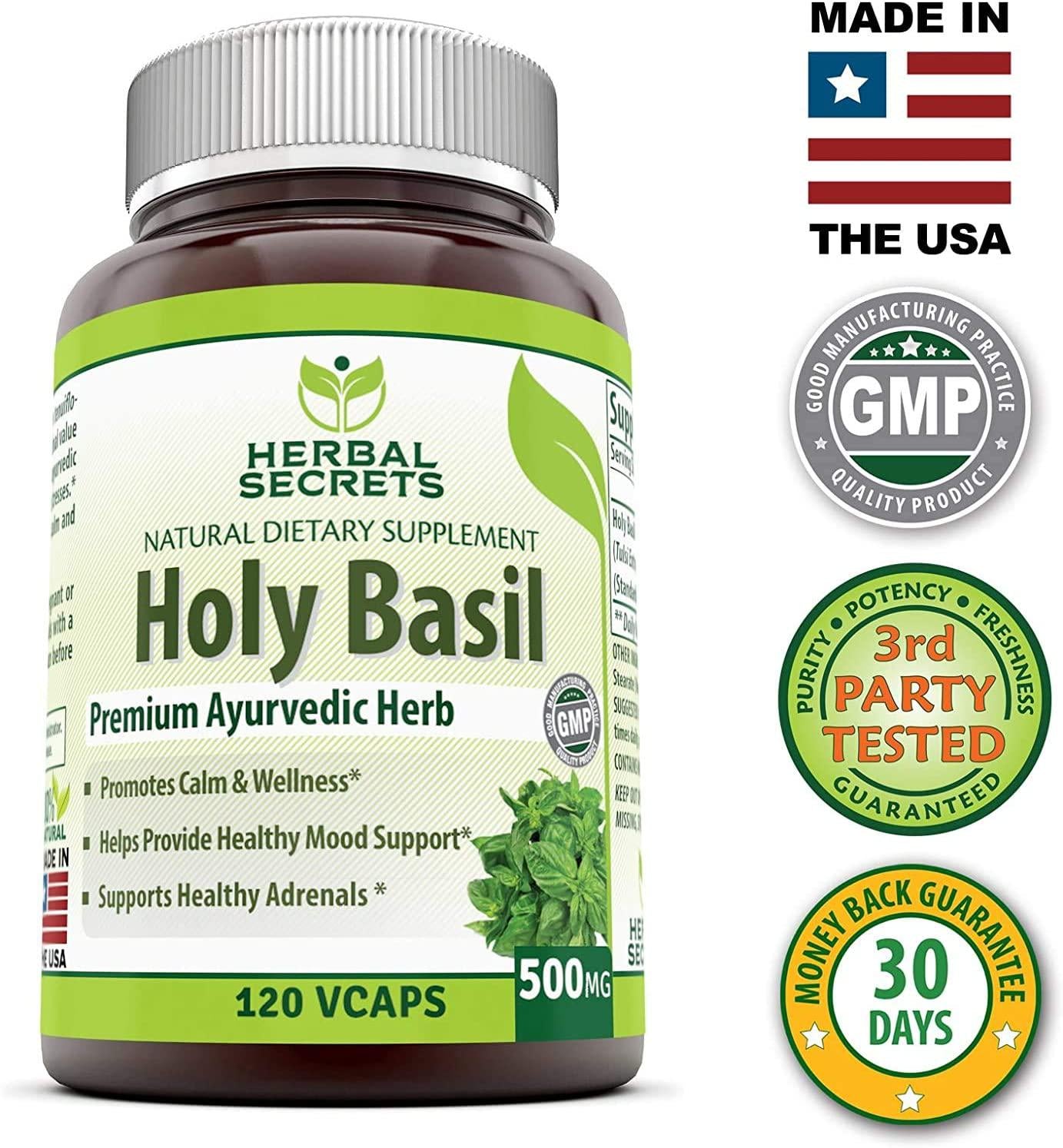 Herbal Secrets Holy Basil 1000 Mg Per Serving 120 Capsules (Non-GMO)- Promotes Calm and Wellness, Helps Provide Healthy Mood Support, Support Healthy Adrenals* (Pack of 2-240 Capsules Total)