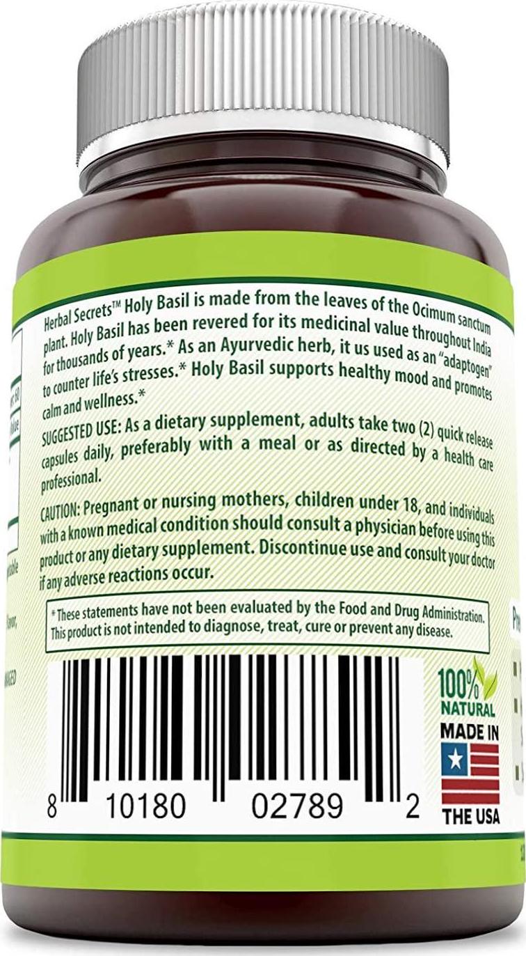 Herbal Secrets Holy Basil 1000 Mg Per Serving 120 Capsules (Non-GMO)- Promotes Calm and Wellness, Helps Provide Healthy Mood Support, Support Healthy Adrenals* (Pack of 2-240 Capsules Total)
