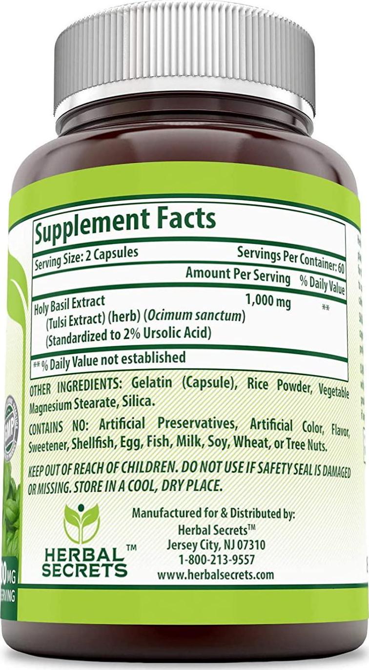 Herbal Secrets Holy Basil 1000 Mg Per Serving 120 Capsules (Non-GMO)- Promotes Calm and Wellness, Helps Provide Healthy Mood Support, Support Healthy Adrenals* (Pack of 2-240 Capsules Total)