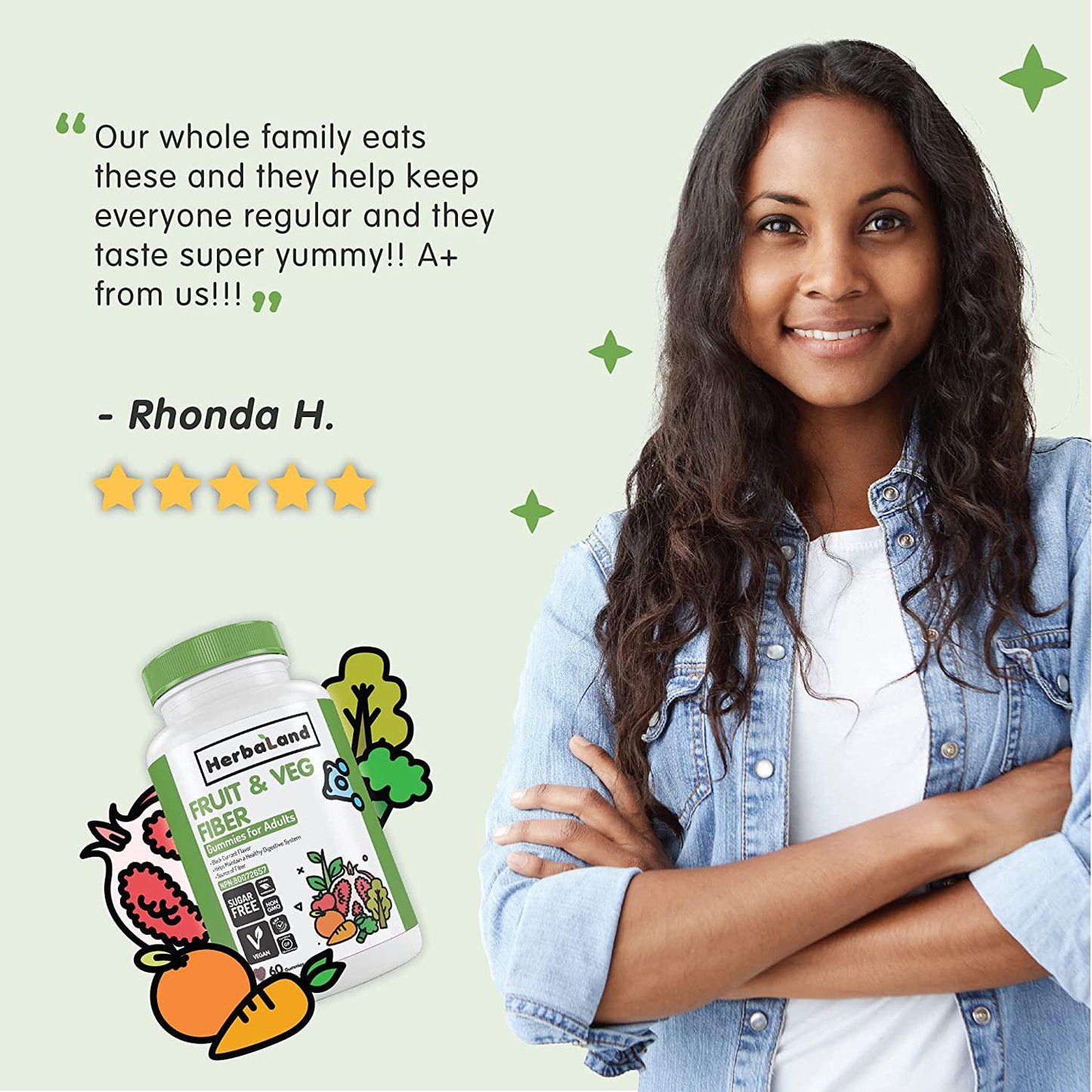 Herbaland Vegan Fruit, Veg, and Fiber Gummies for Adults - Sugar-Free Gut Health Supplements, Organic, Natural Dietary Vitamins, Healthy Digestive System - 8.4 grams, Black Currant Flavor, 60 Count