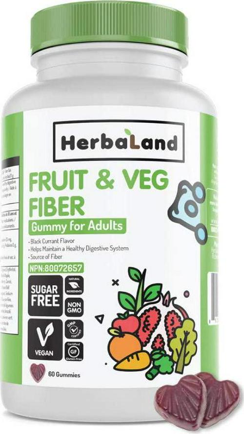 Herbaland Vegan Fruit, Veg, and Fiber Gummies for Adults - Sugar-Free Gut Health Supplements, Organic, Natural Dietary Vitamins, Healthy Digestive System - 8.4 grams, Black Currant Flavor, 60 Count