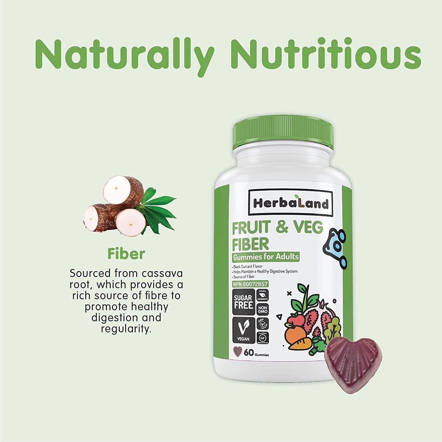 Herbaland Vegan Fruit, Veg, and Fiber Gummies for Adults - Sugar-Free Gut Health Supplements, Organic, Natural Dietary Vitamins, Healthy Digestive System - 8.4 grams, Black Currant Flavor, 60 Count