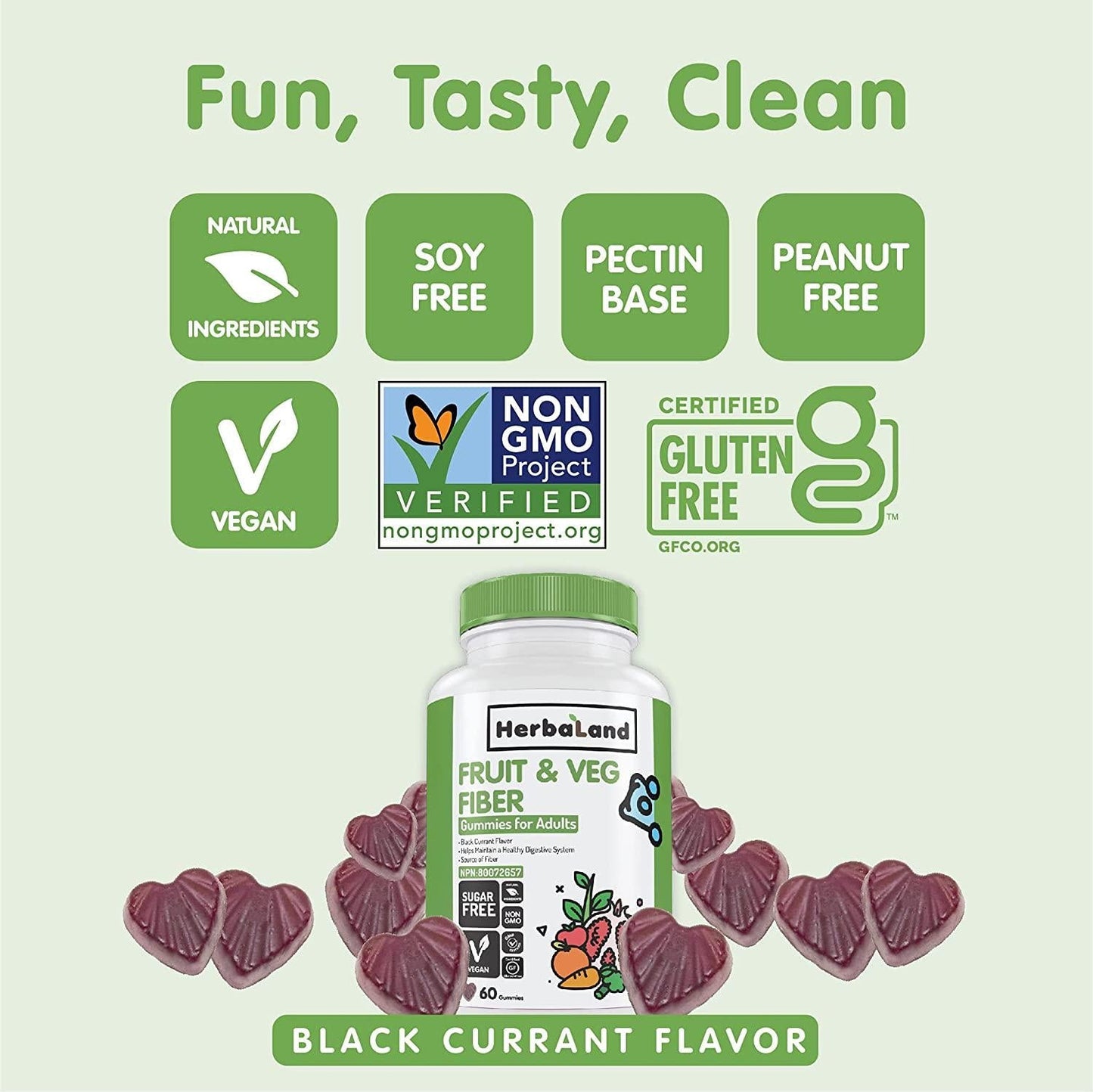 Herbaland Vegan Fruit, Veg, and Fiber Gummies for Adults - Sugar-Free Gut Health Supplements, Organic, Natural Dietary Vitamins, Healthy Digestive System - 8.4 grams, Black Currant Flavor, 60 Count