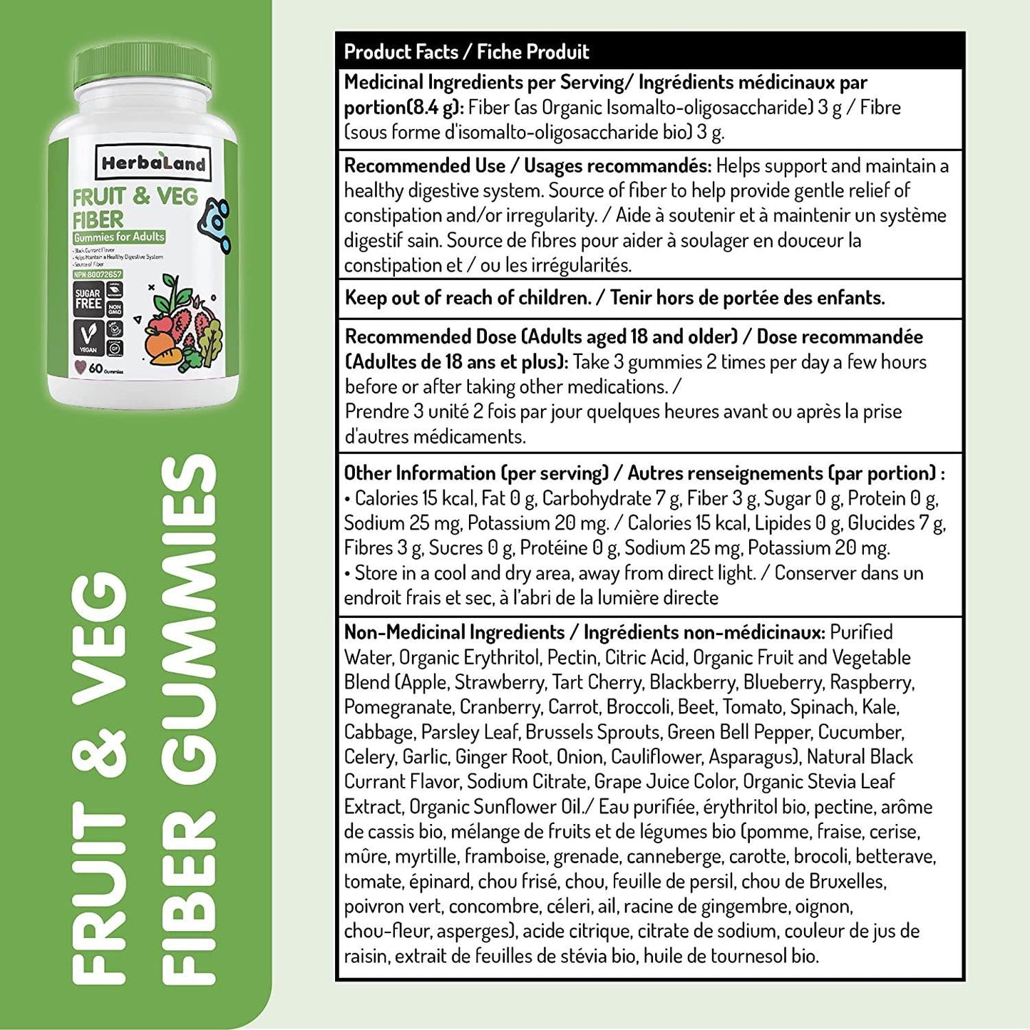 Herbaland Vegan Fruit, Veg, and Fiber Gummies for Adults - Sugar-Free Gut Health Supplements, Organic, Natural Dietary Vitamins, Healthy Digestive System - 8.4 grams, Black Currant Flavor, 60 Count