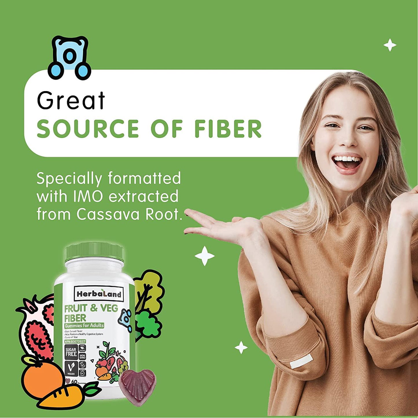 Herbaland Vegan Fruit, Veg, and Fiber Gummies for Adults - Sugar-Free Gut Health Supplements, Organic, Natural Dietary Vitamins, Healthy Digestive System - 8.4 grams, Black Currant Flavor, 60 Count