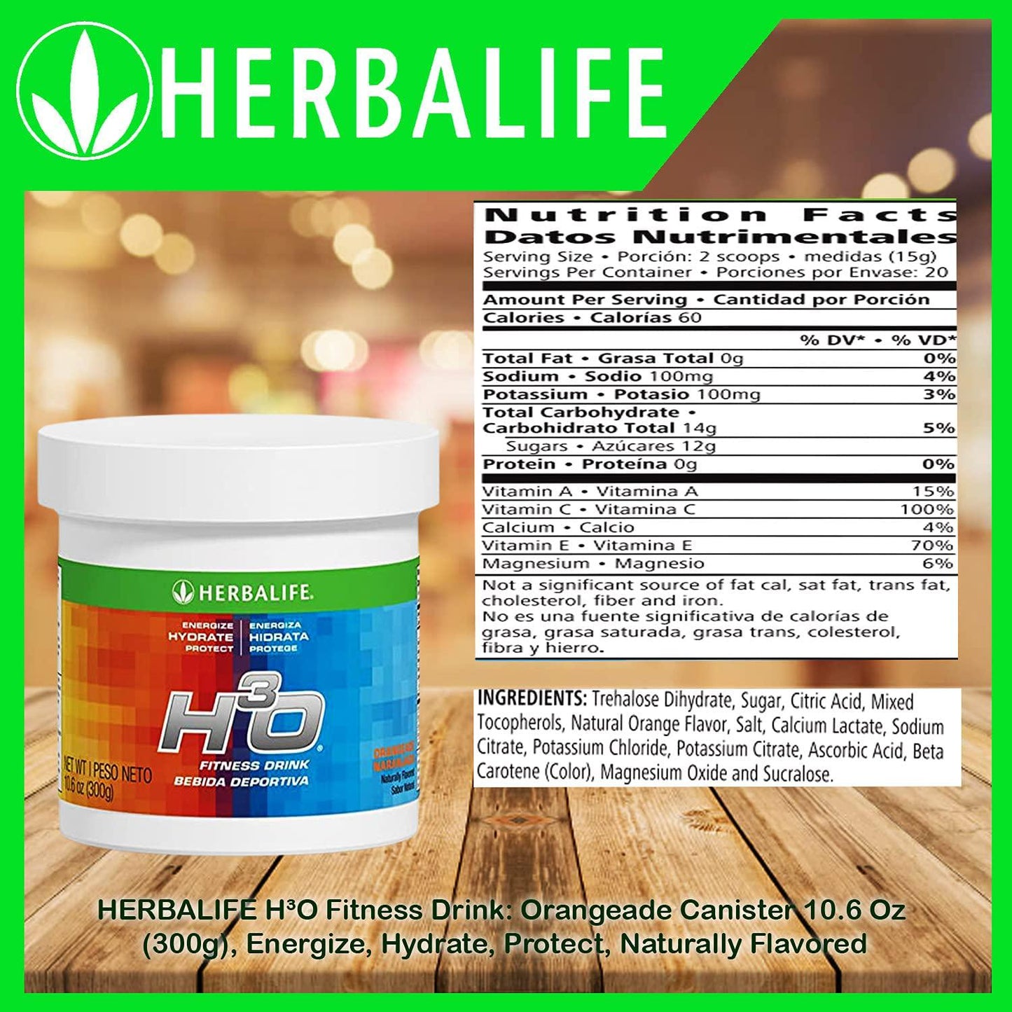 Herbalife H³O Fitness Drink: Orangeade Canister 10.6 Oz (300g), Carbohydrate blend for immediate energy, Energize, Hydrate, Protect, Naturally Flavored