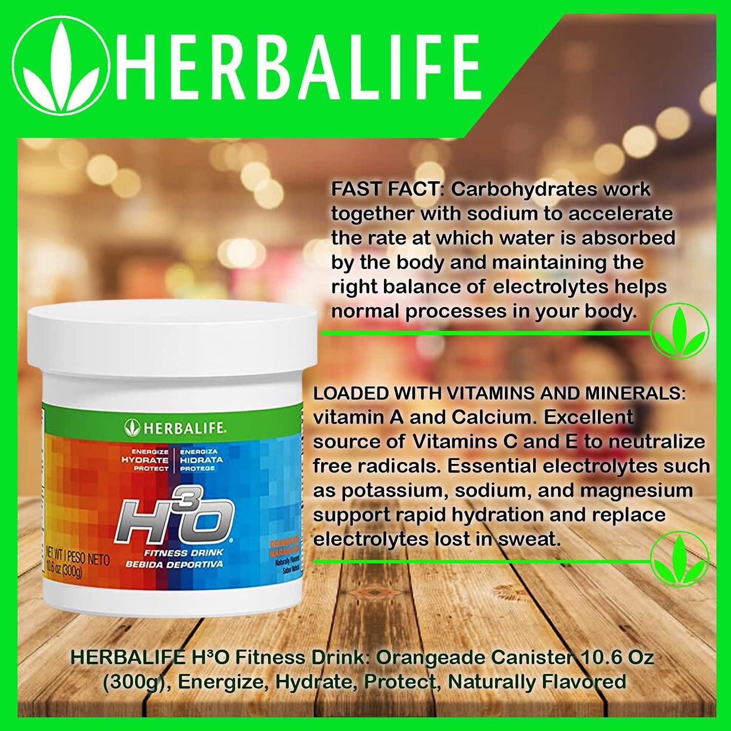 Herbalife H³O Fitness Drink: Orangeade Canister 10.6 Oz (300g), Carbohydrate blend for immediate energy, Energize, Hydrate, Protect, Naturally Flavored