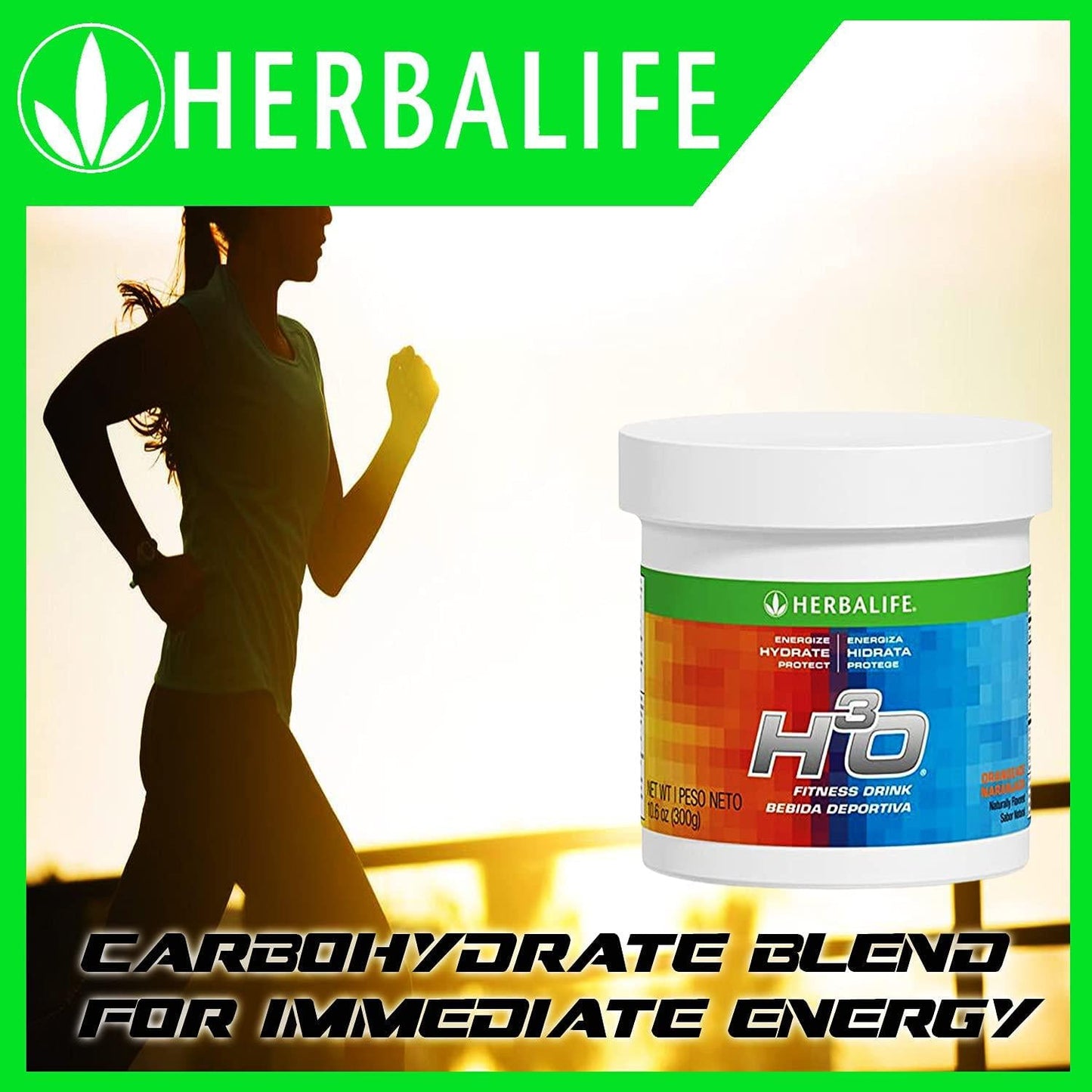 Herbalife H³O Fitness Drink: Orangeade Canister 10.6 Oz (300g), Carbohydrate blend for immediate energy, Energize, Hydrate, Protect, Naturally Flavored
