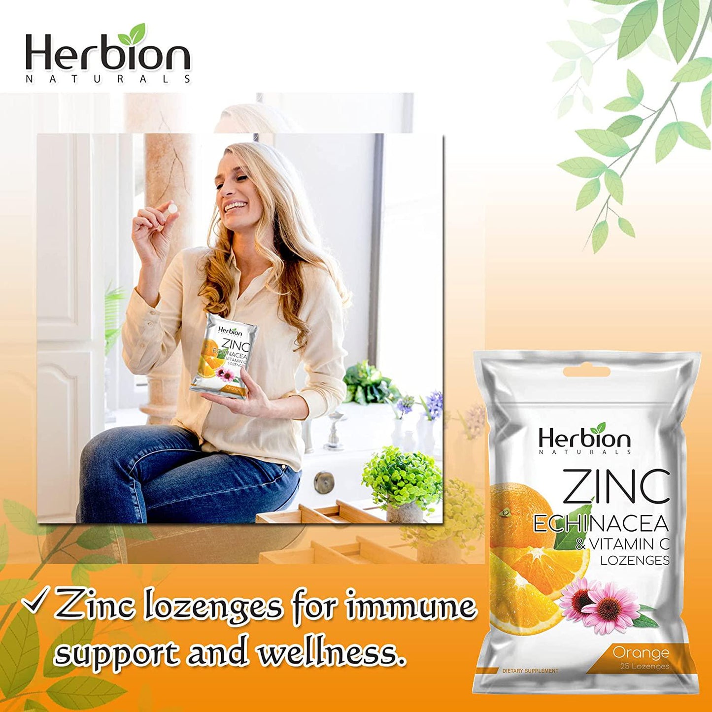 Herbion Naturals Zinc, Echinacea and Vitamin C Lozenges with Natural Orange Flavor - 25 CT – Dietary Supplement – Supports Immune System – Promotes Overall Good Health for Adults and Children 5+