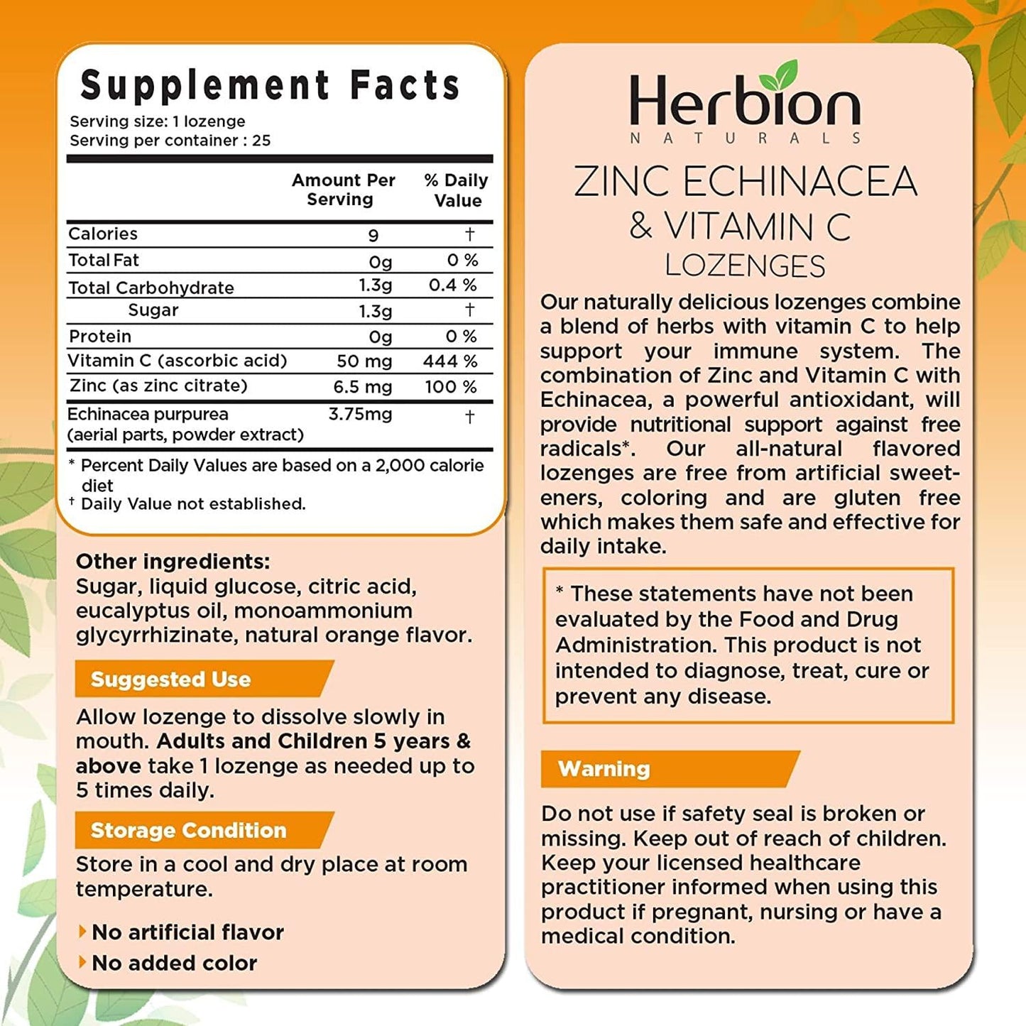 Herbion Naturals Zinc, Echinacea and Vitamin C Lozenges with Natural Orange Flavor - 25 CT – Dietary Supplement – Supports Immune System – Promotes Overall Good Health for Adults and Children 5+