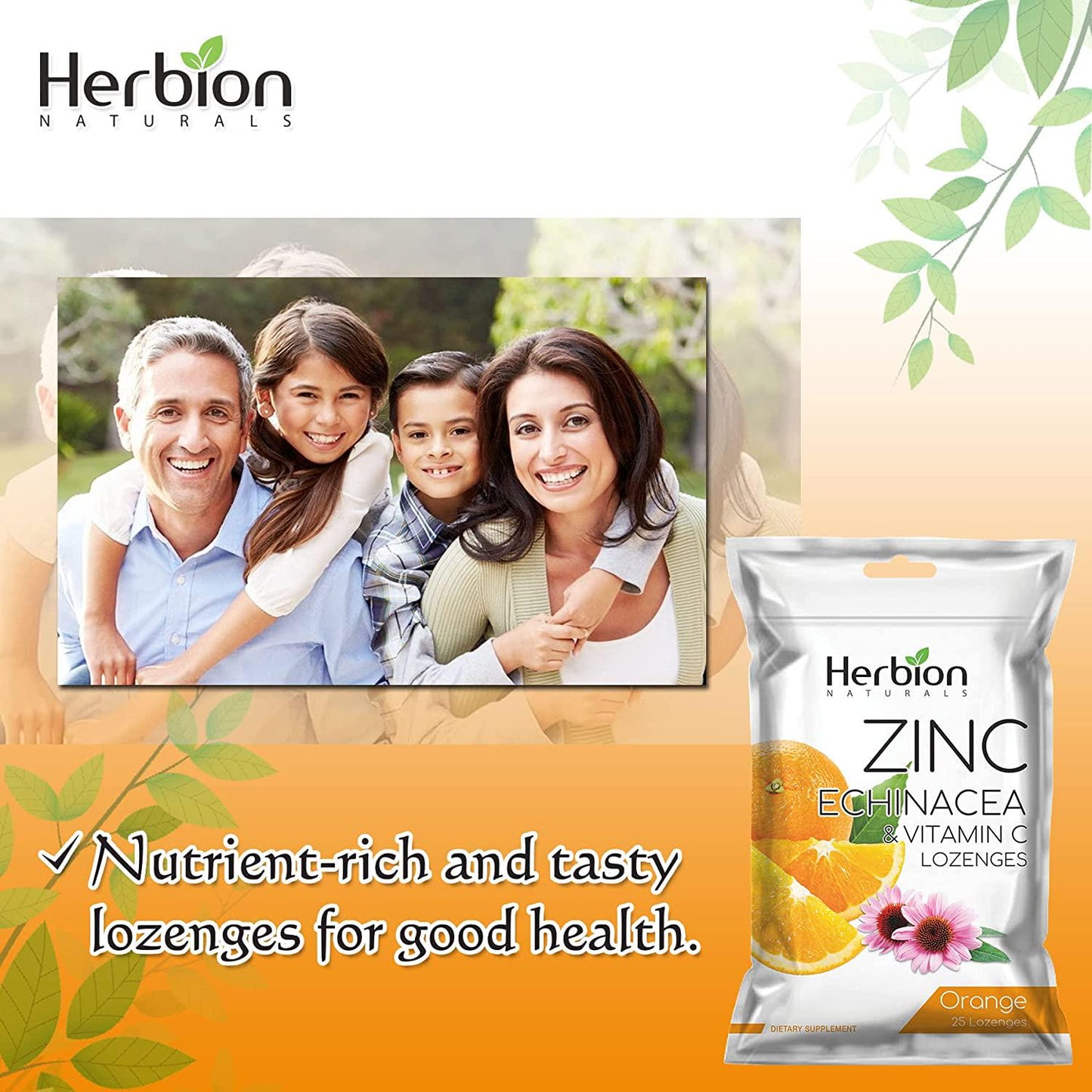 Herbion Naturals Zinc, Echinacea and Vitamin C Lozenges with Natural Orange Flavor - 25 CT – Dietary Supplement – Supports Immune System – Promotes Overall Good Health for Adults and Children 5+