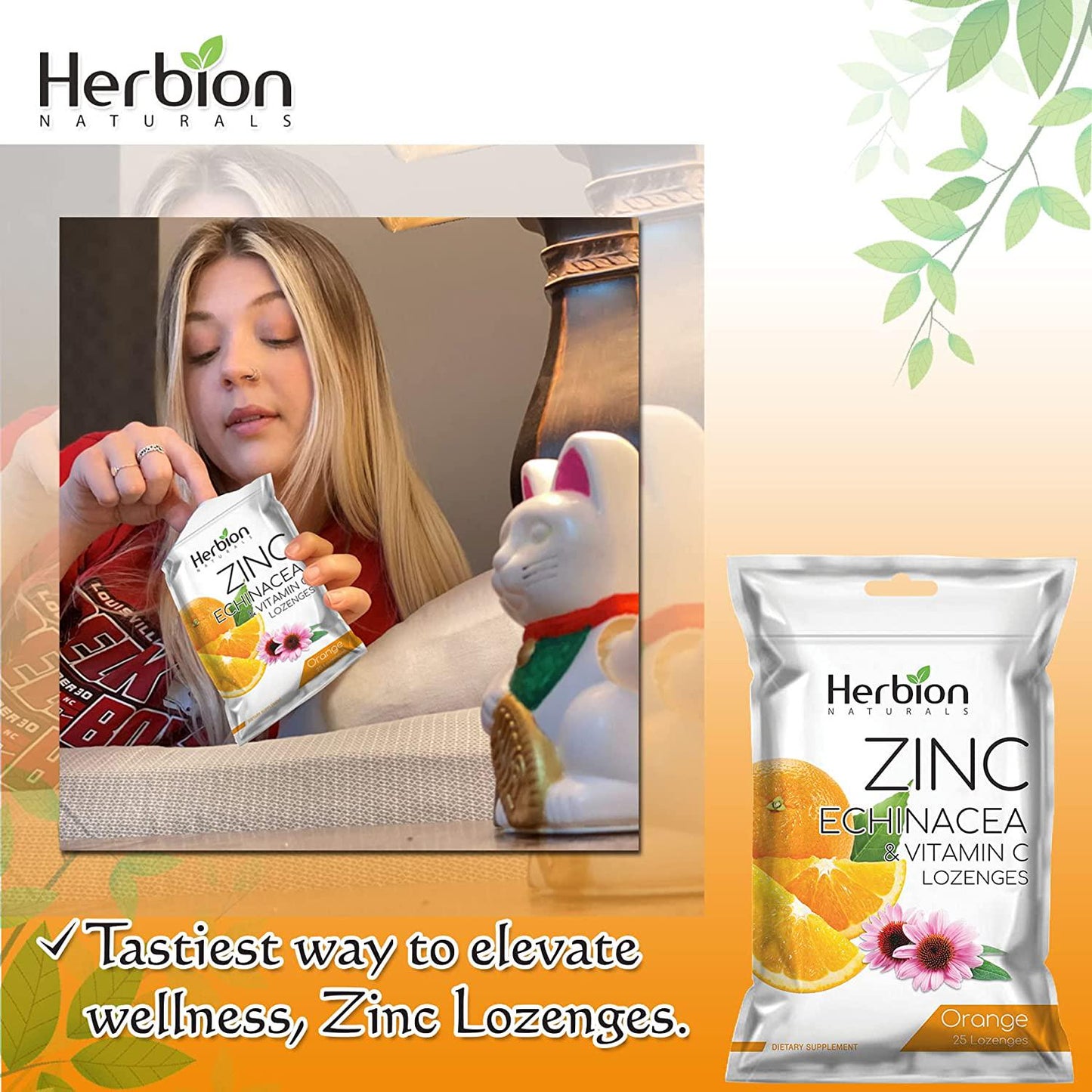 Herbion Naturals Zinc, Echinacea and Vitamin C Lozenges with Natural Orange Flavor - 25 CT – Dietary Supplement – Supports Immune System – Promotes Overall Good Health for Adults and Children 5+
