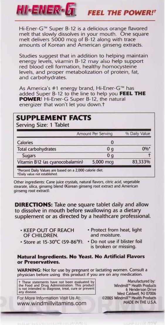 Hi Ener G Super B12 5000 mcg Tablets, By Windmill - 30 Ea