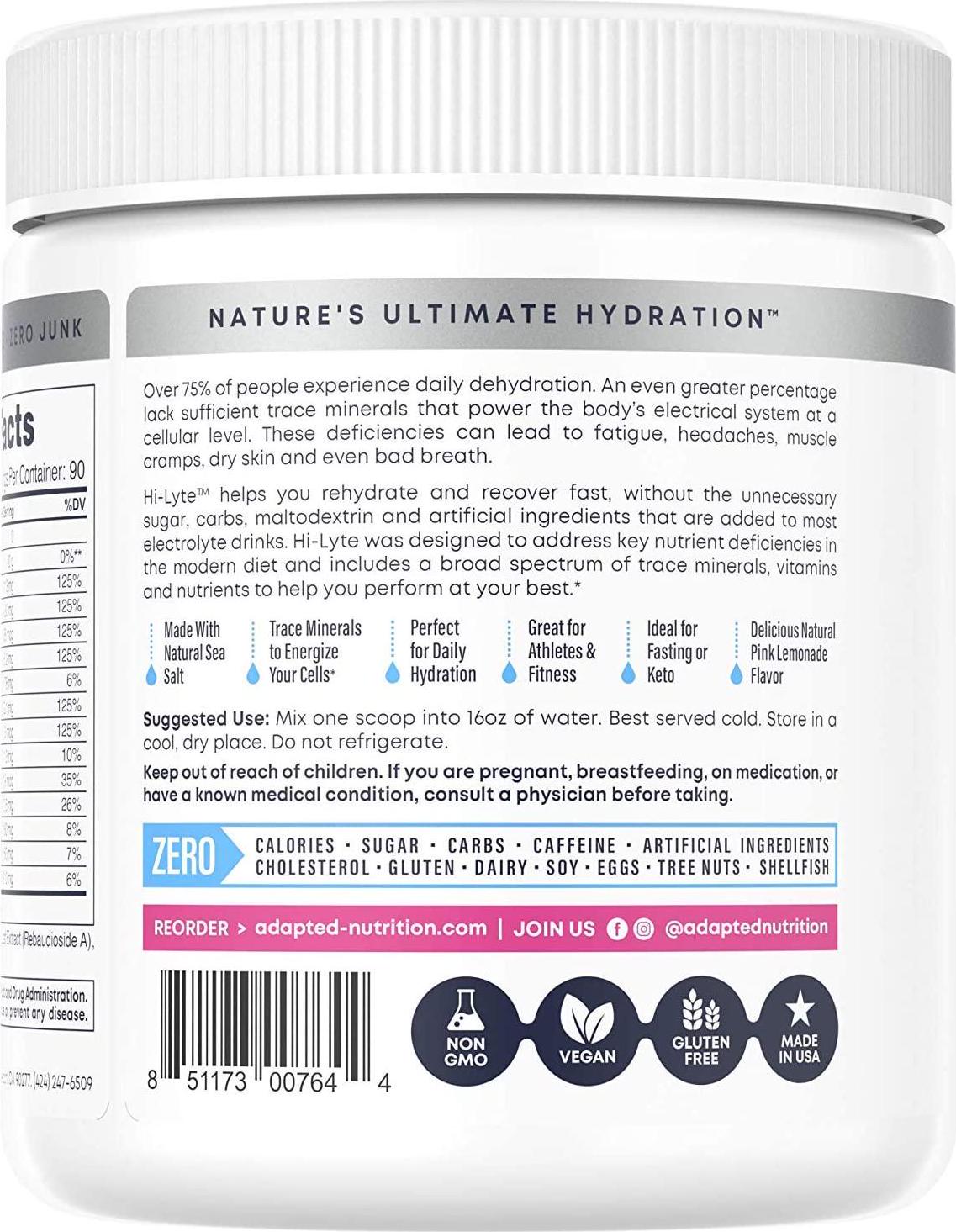 Hi-Lyte Electrolyte Powder, Pink Lemonade, 90 Serving, Daily Hydration Supplement Drink Mix | Sugar-Free, 0 Calories, 0 Carbs | No Maltodextrin. Gluten-Free | Supports Keto | Light Refreshing Flavor