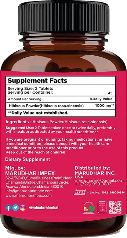 Hibiscus Tablets by mi Nature | 90 Tablets, 1000 mg | 45 Days Supply | Hibiscus Flower Tablets | Vegan | Increases Immunity| Weight Loss | Antioxidant | Healthy circulatory system