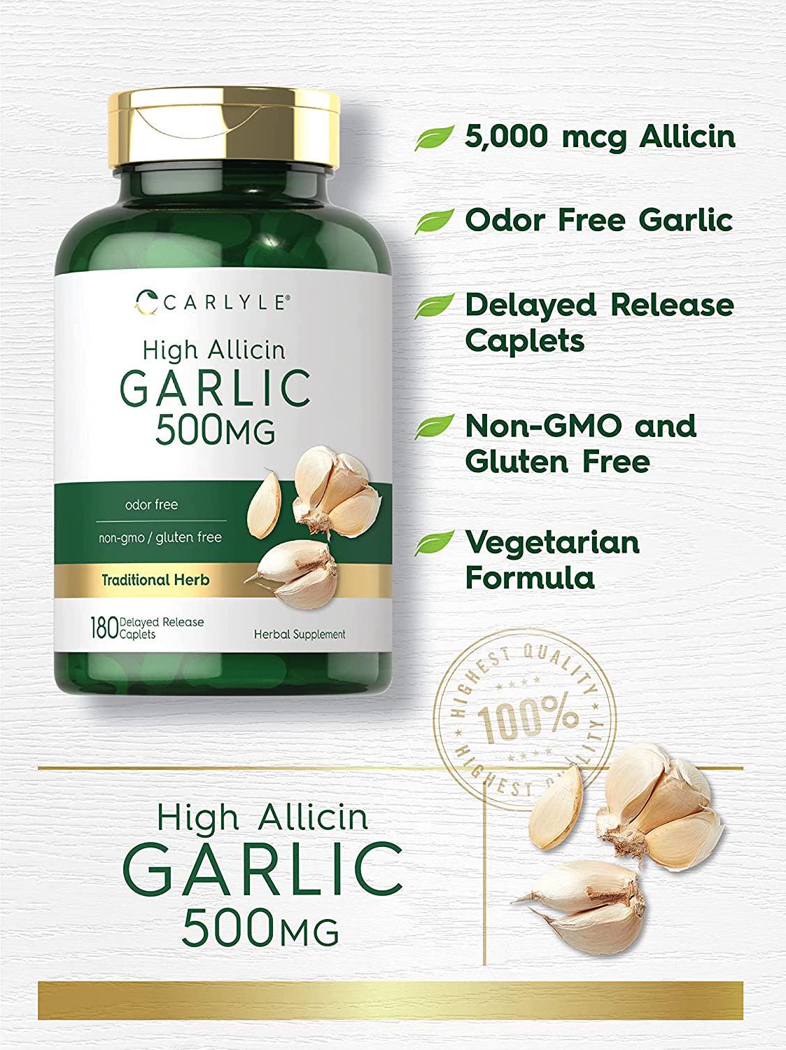 High Allicin Garlic Supplement 500mg | 180 Caplets | Odorless Garlic Pills | Vegetarian, Non-GMO, Gluten Free | by Carlyle