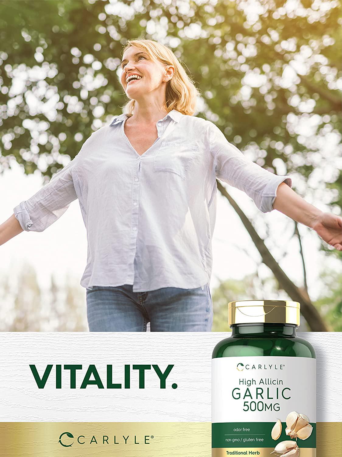 High Allicin Garlic Supplement 500mg | 180 Caplets | Odorless Garlic Pills | Vegetarian, Non-GMO, Gluten Free | by Carlyle
