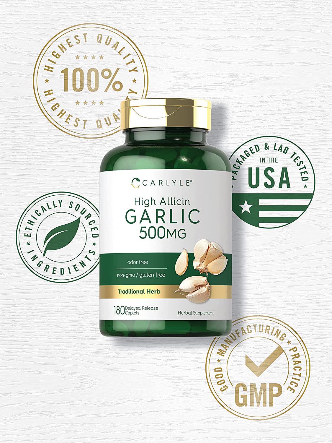 High Allicin Garlic Supplement 500mg | 180 Caplets | Odorless Garlic Pills | Vegetarian, Non-GMO, Gluten Free | by Carlyle