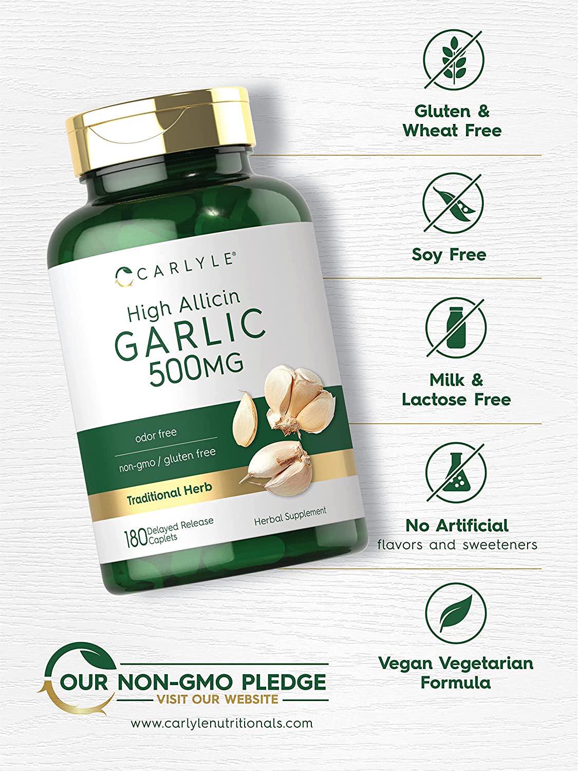 High Allicin Garlic Supplement 500mg | 180 Caplets | Odorless Garlic Pills | Vegetarian, Non-GMO, Gluten Free | by Carlyle
