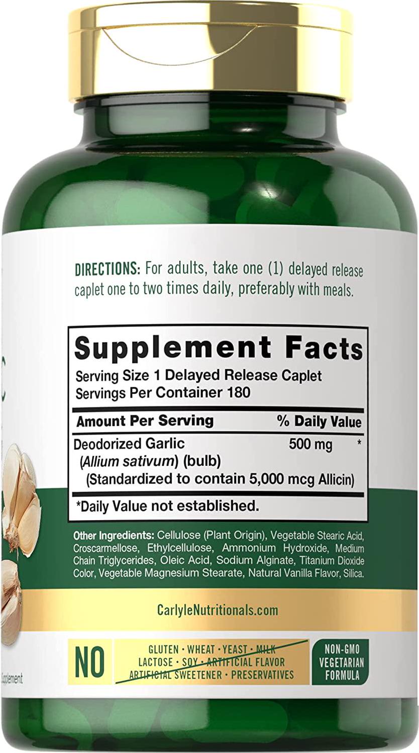High Allicin Garlic Supplement 500mg | 180 Caplets | Odorless Garlic Pills | Vegetarian, Non-GMO, Gluten Free | by Carlyle