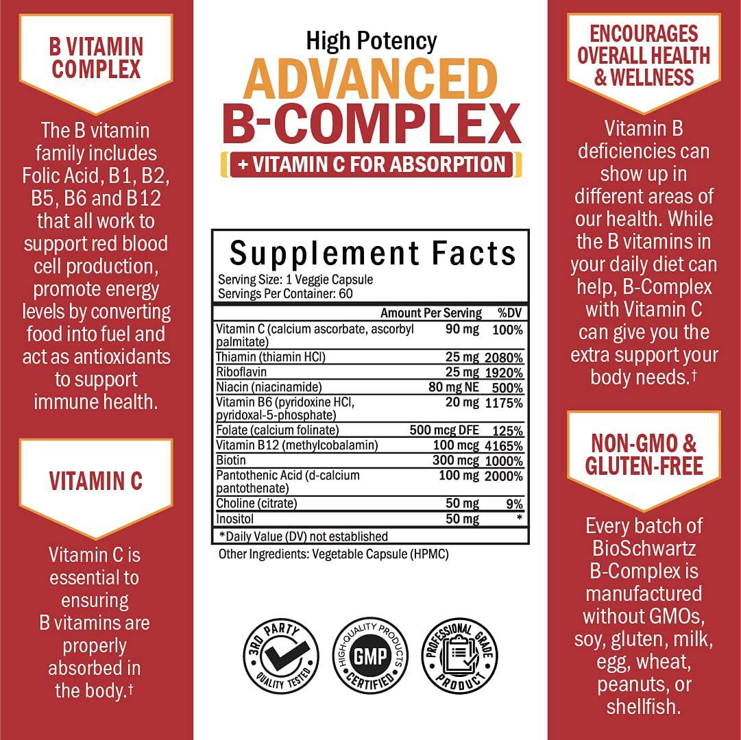 High Potency Vitamin B Complex with Vitamin C for Maximum Absorption - All 8 B Vitamins for Immune and Energy Support - B1, B2, B3, B5, B6, B7, B9, B12 and Folic Acid- 60 Veggie Capsules