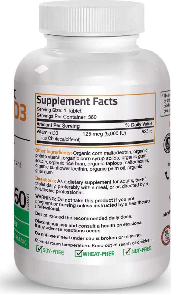 High Potency Vitamin D3 5,000 IU for Healthy Muscle Function, Bone Health and Immune Support, Organic Vitamin D Supplement, Non-GMO Formula, 360 Tablets